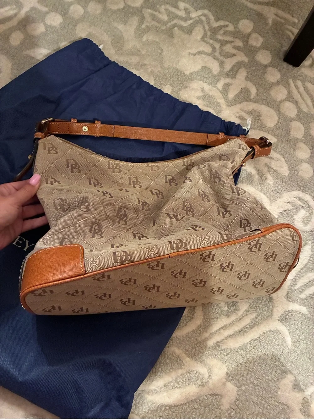 Dooney & Bourke Tan Logo Quilted Hobo with Cognac Trim Purse